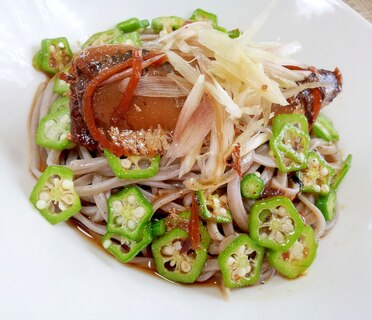 イワシの生姜煮缶deオクラぶっかけ蕎麦